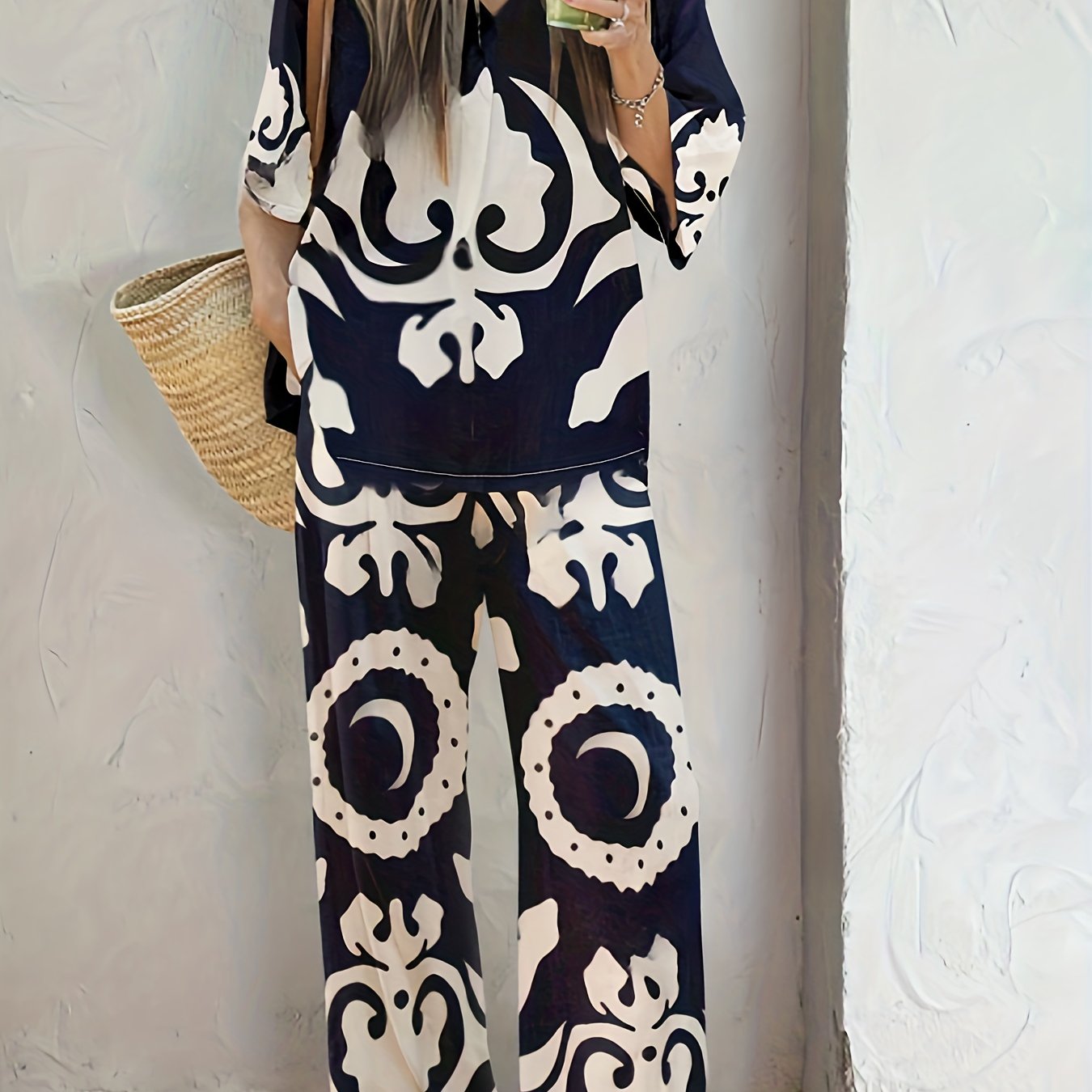 Abstract Print Top & Pants Two Piece Set