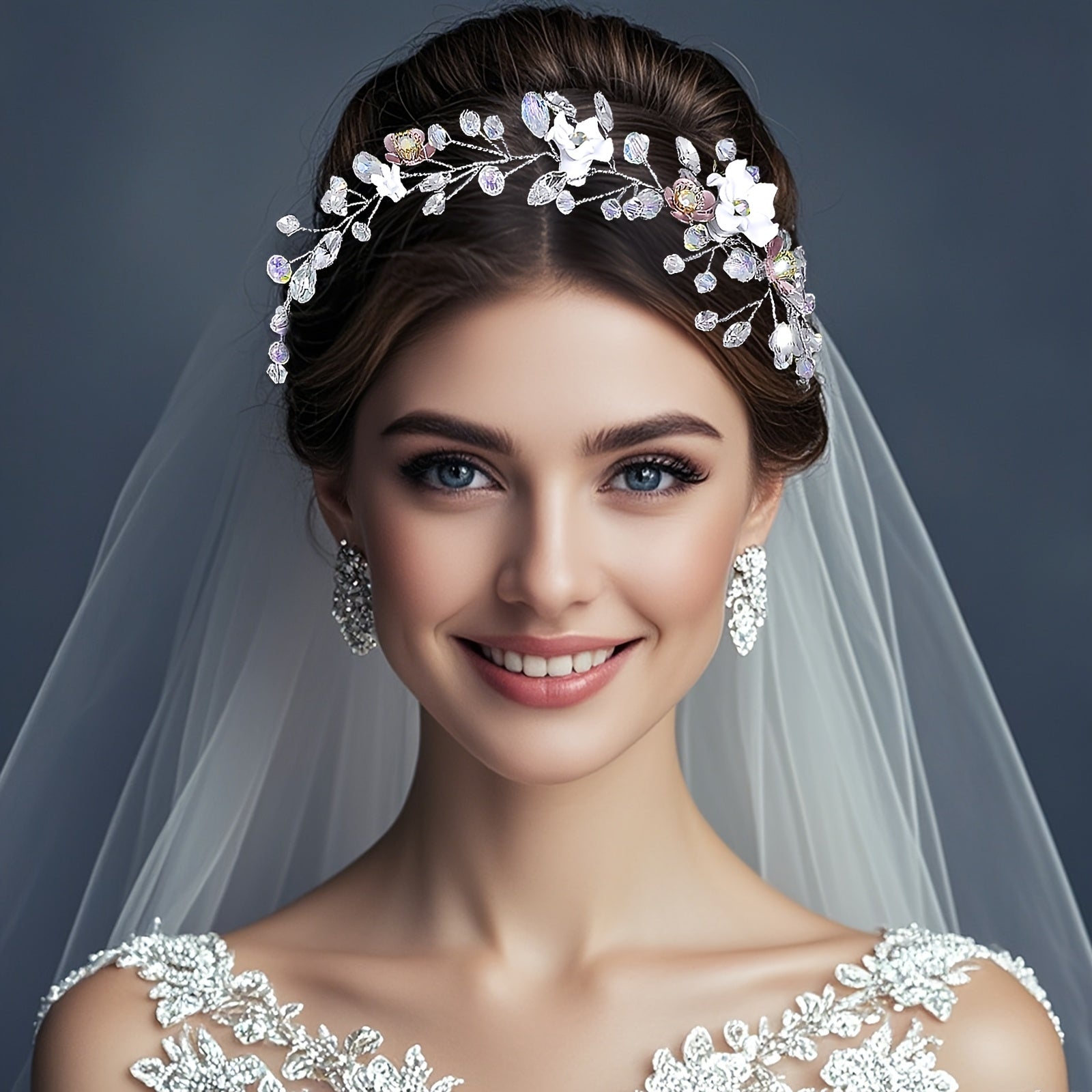 Floral Bridal Headband with Sparkling Accents for Weddings