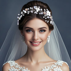 Floral Bridal Headband with Sparkling Accents for Weddings