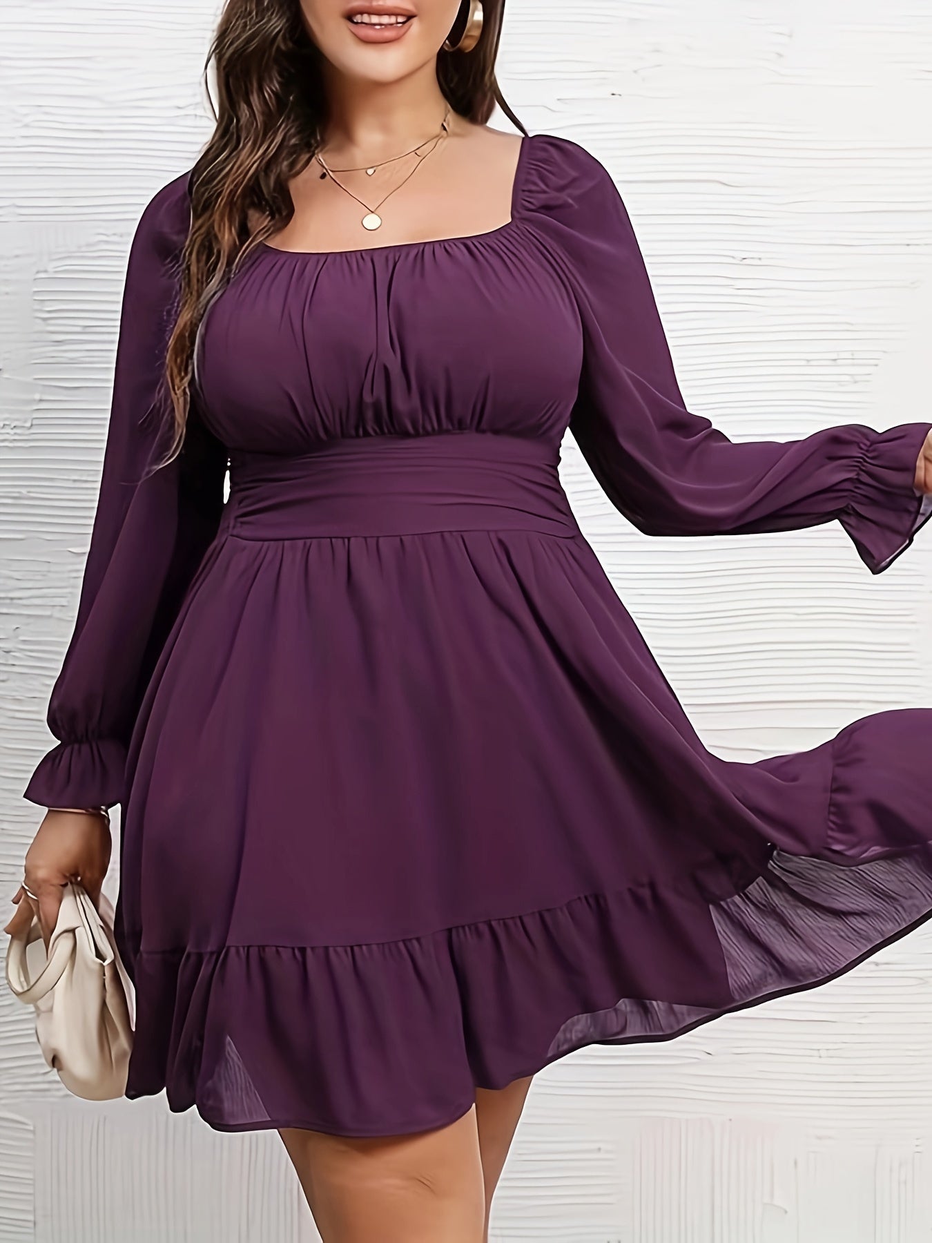  Solid Lantern Sleeve Square Neck Mini Smock Dress