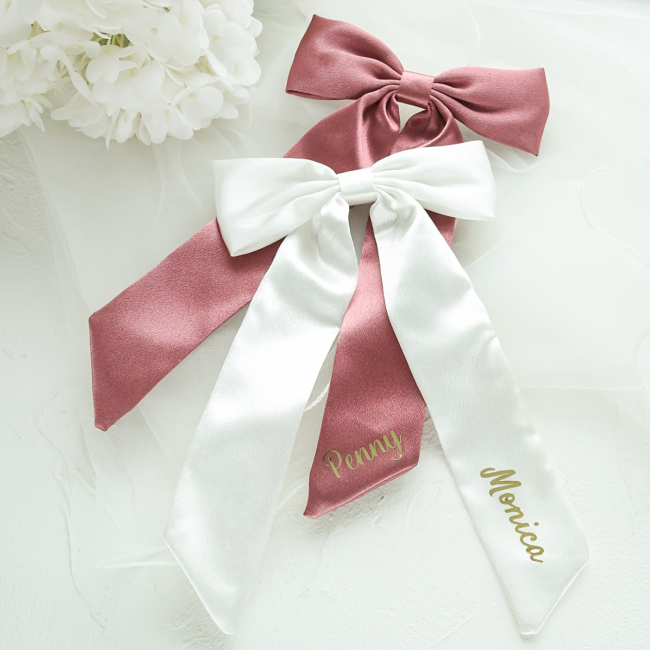 Custom Ivory Satin Hair Bow & Monogram Barrette Bridal Accessory