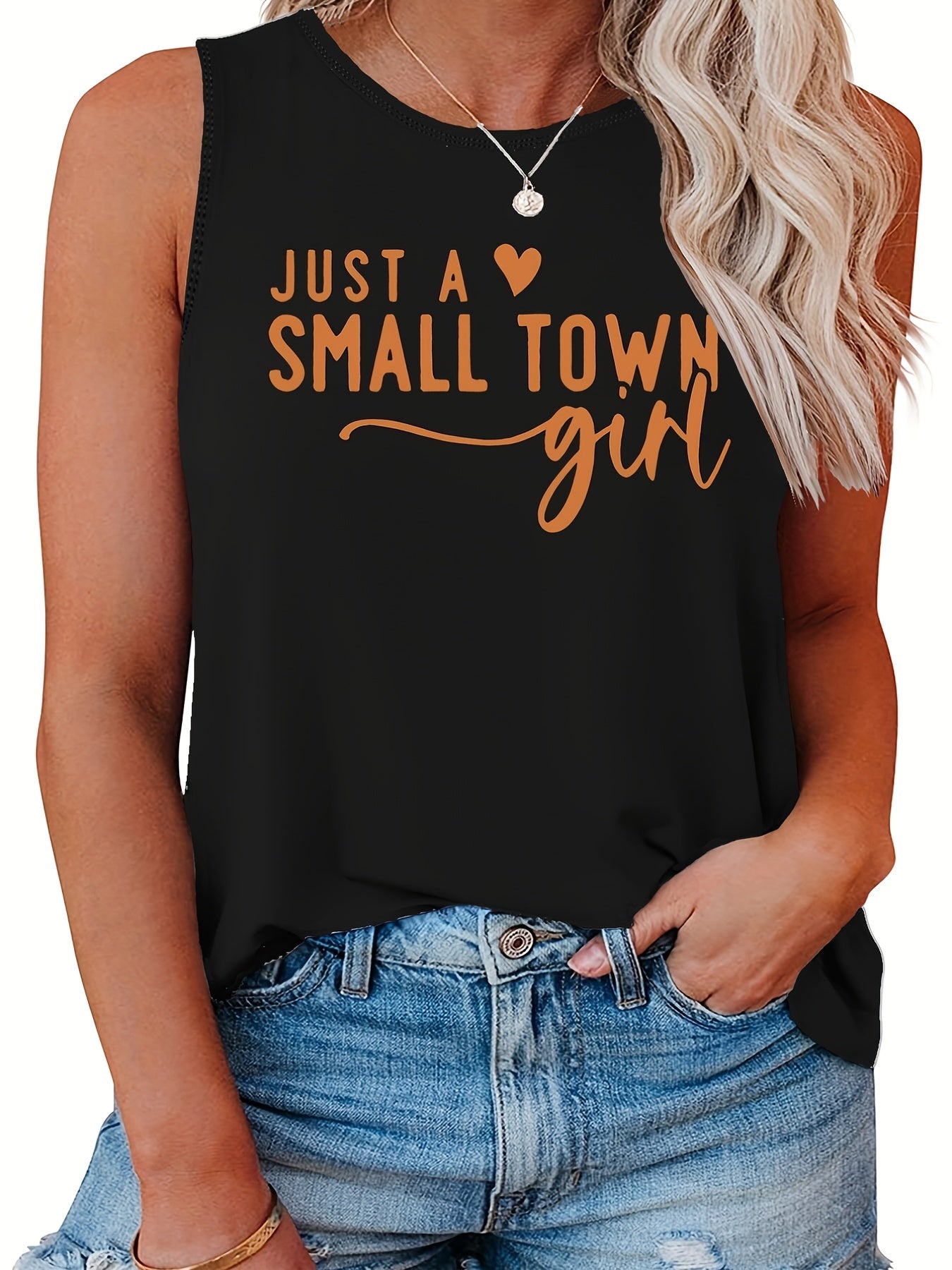 Slogan Print Tank Top Round Neck Stretch Casual Plus Women's