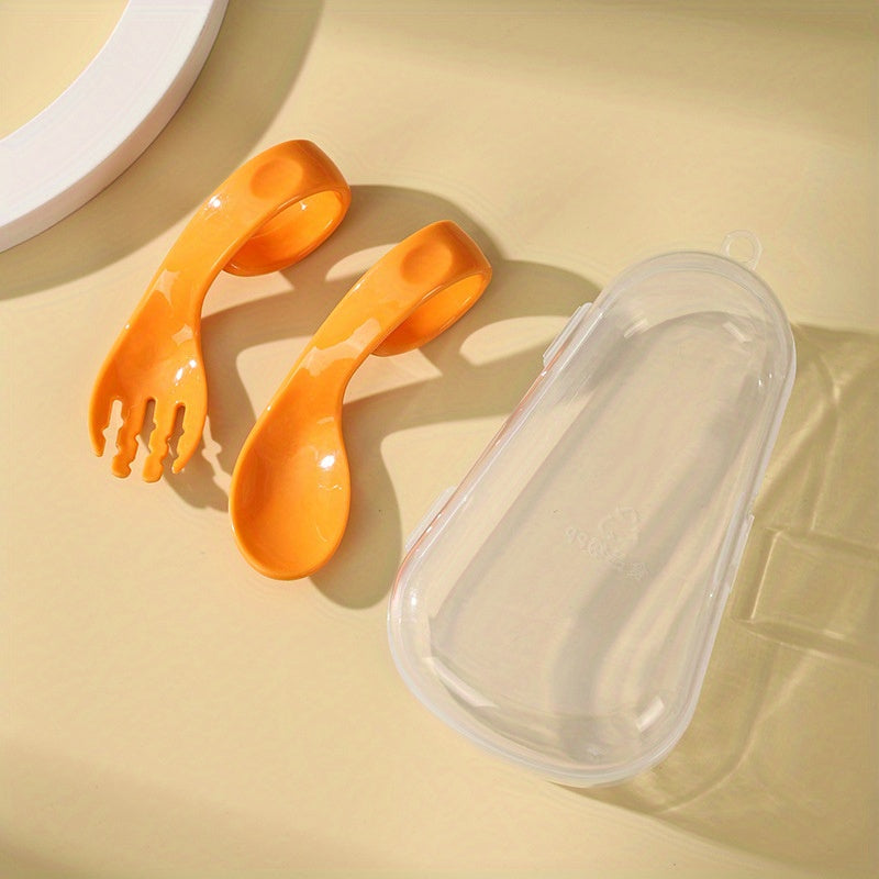 Kids Training Spoon Curved Handle Fork Spoon Set with Storage Box