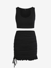  2pcs Set: Cropped Tank Top & Cinched Drawstring Skirt