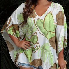  Leaf Print Bat Sleeve V Neck Top
