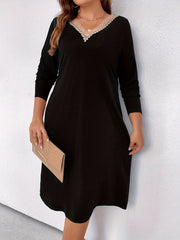  Colorblock Lace Long Sleeve V Neck Dress