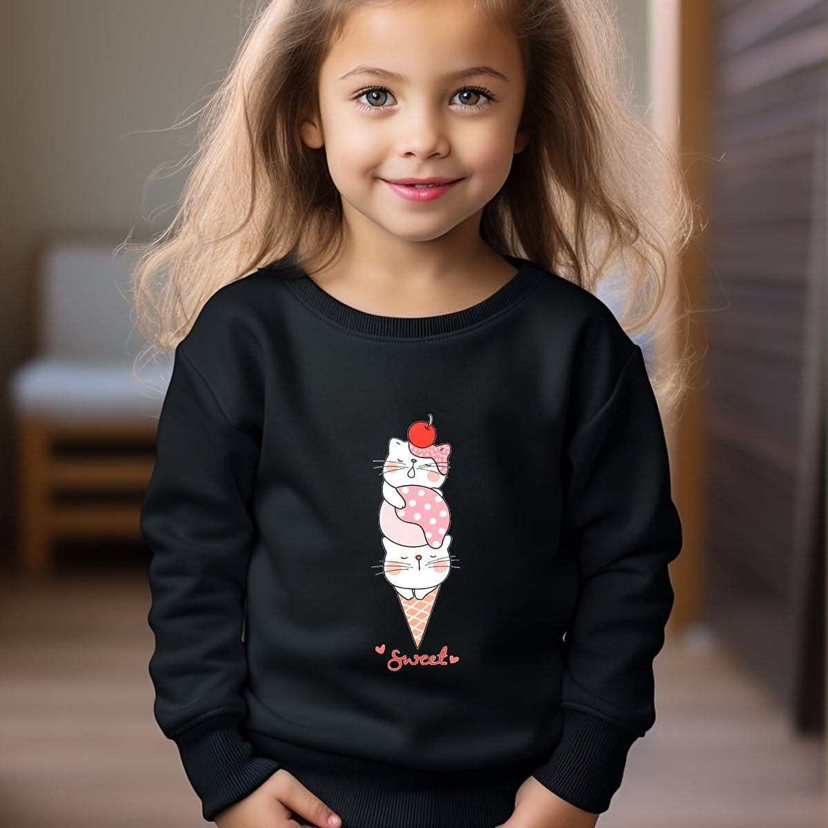 Cat Ice Cream Print Girls Casual Sweatshirt Crew Neck Tops Kids Fall Winter