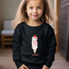 Cat Ice Cream Print Girls Casual Sweatshirt Crew Neck Tops Kids Fall Winter
