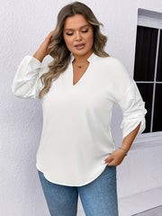  Solid Roll Up Sleeve Notched Neck Tunic Top
