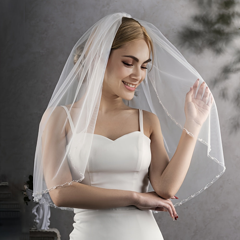 Romantic Beaded Sheer Tulle Bridal Veil for Brides
