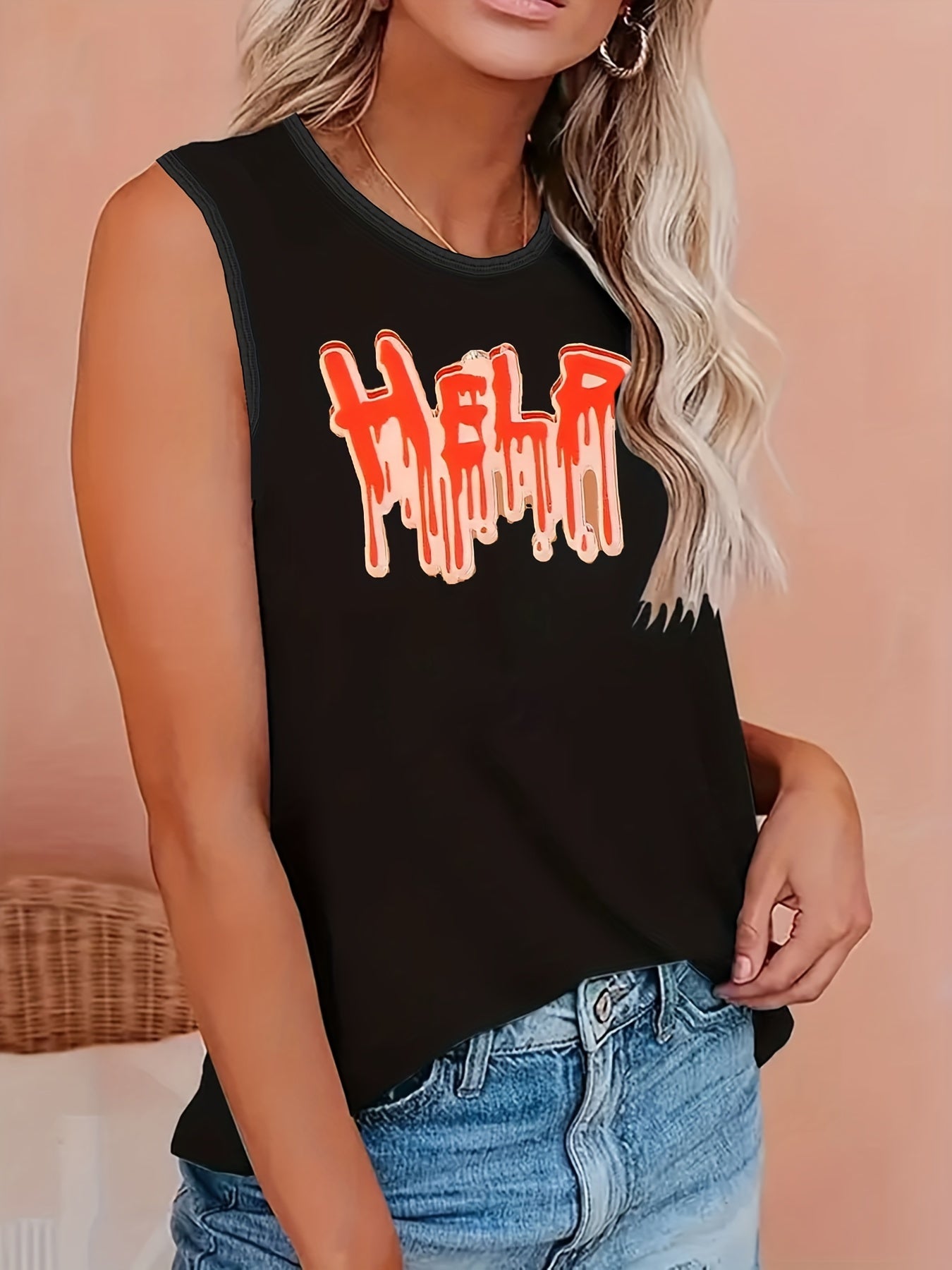 Women's Plus Art Letter Print Tank Top 60's 70's 90's Round Neck