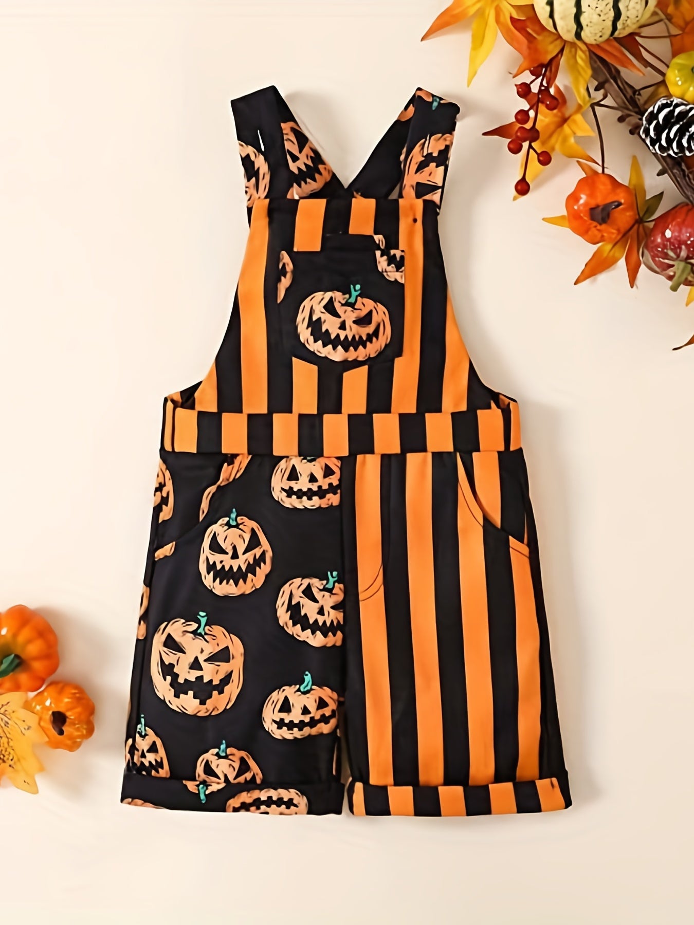Toddler Girls Halloween Pumpkin Stripe Jumpsuit with Pocket