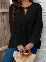  Solid Ribbed Lantern Sleeve Peplum Top