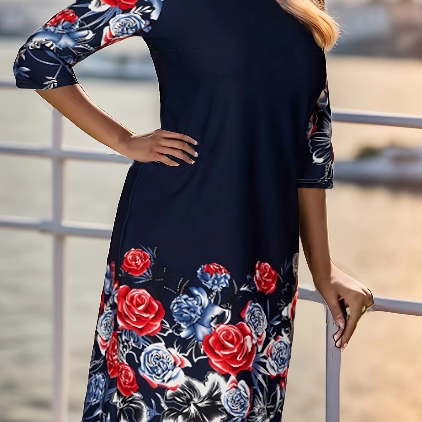 Women's Plus Floral Print 3/4 Sleeve Knee Length Casual Dress