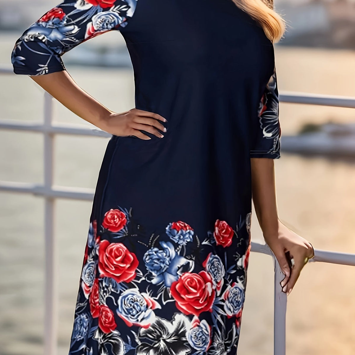 Women's Plus Floral Print 3/4 Sleeve Knee Length Casual Dress