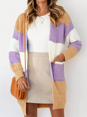  Colorblock Stripe Print Long Sleeve Cardigan