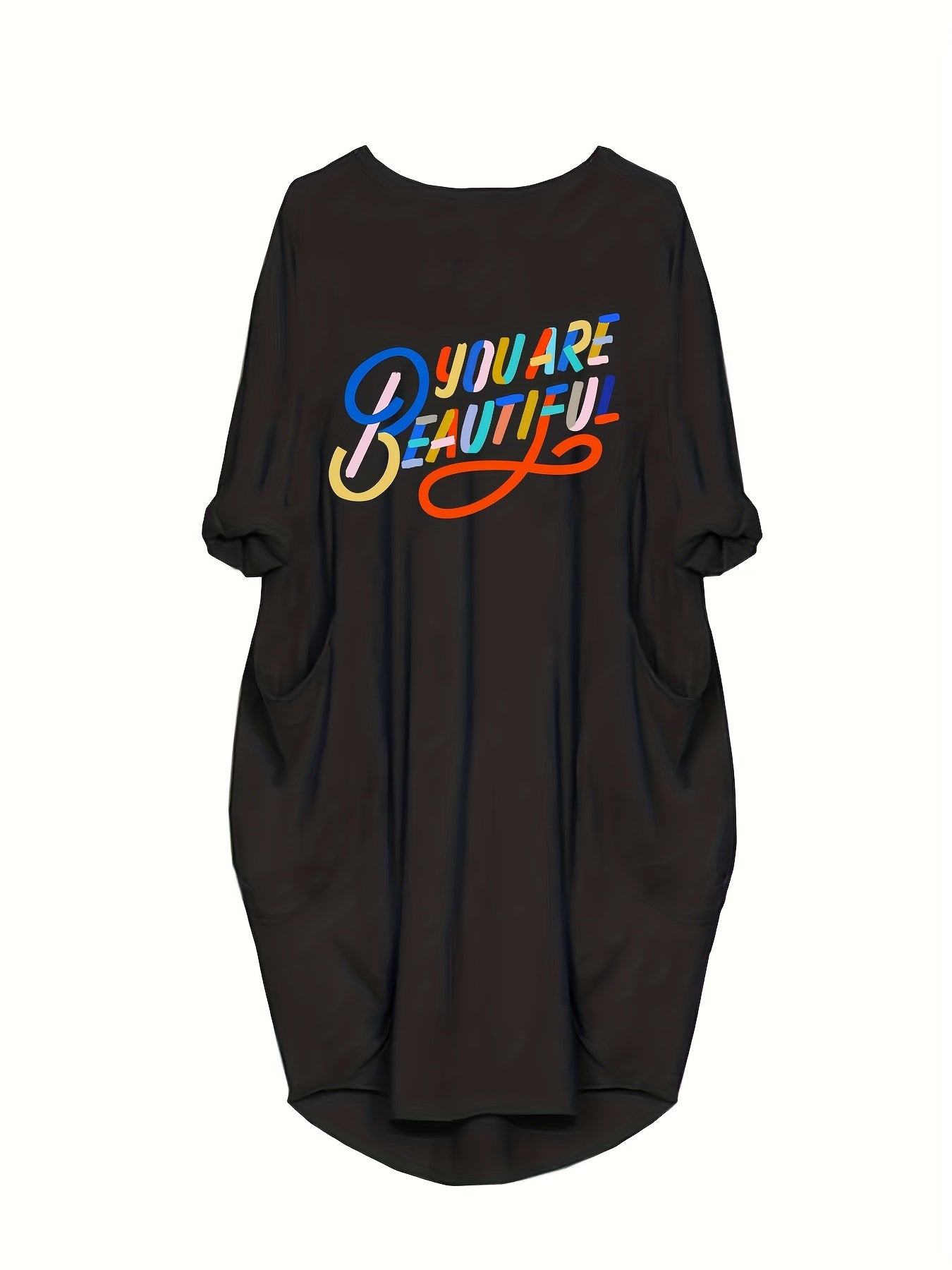  Slogan Print Long Sleeve Loose Fit Dress