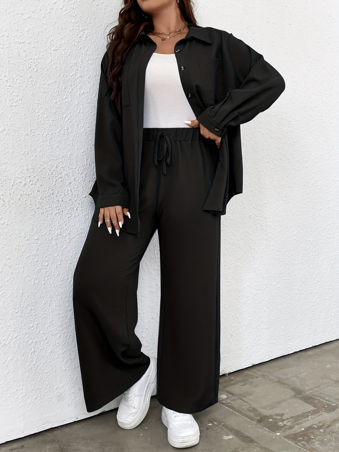  Casual Outfits Two Piece Set Solid Button Up Blouse & Wide Leg Pants