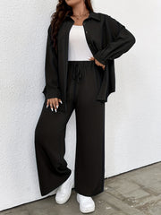  Casual Outfits Two Piece Set Solid Button Up Blouse & Wide Leg Pants
