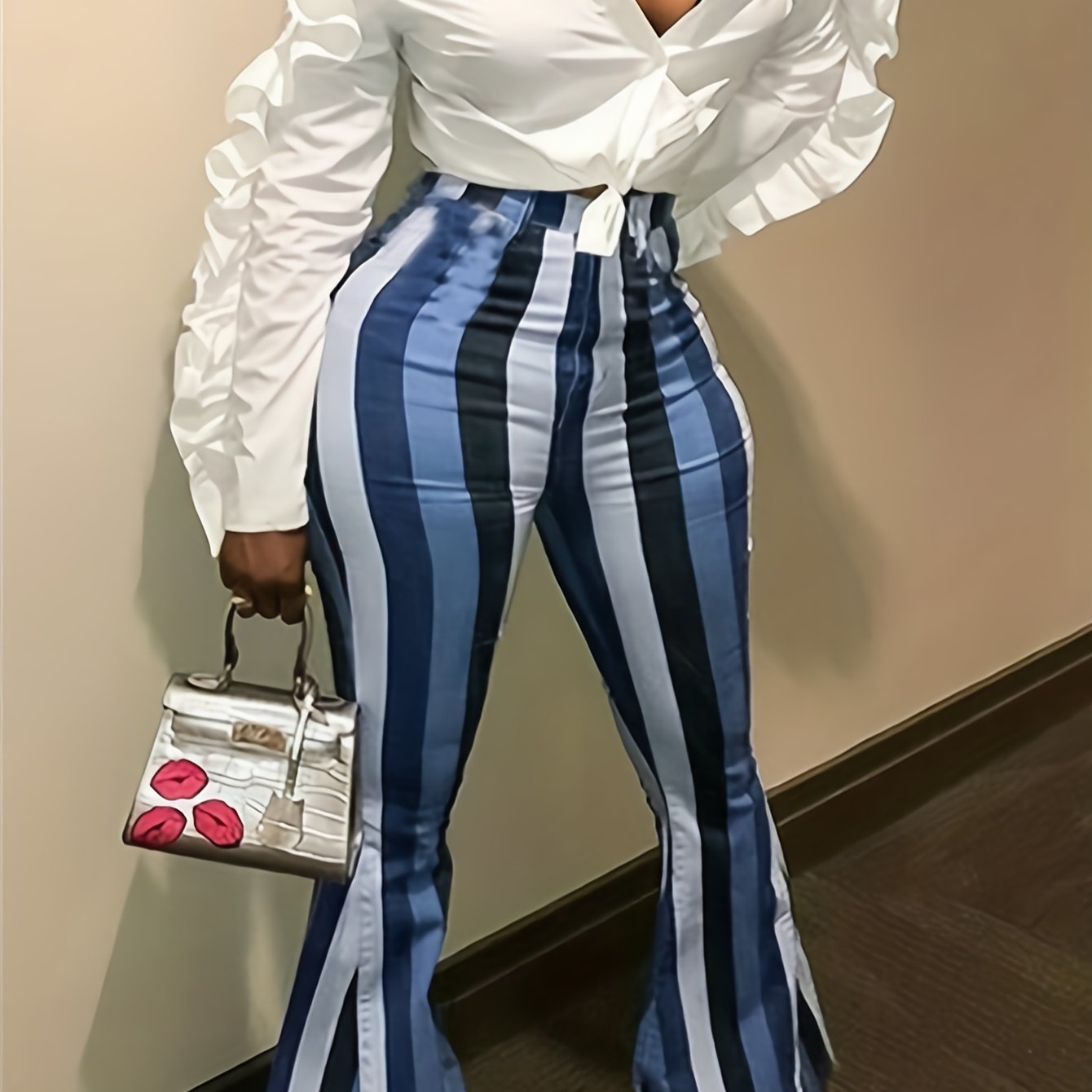  Casual Leggings Women's Plus Stripe Print Flared Leg Pants