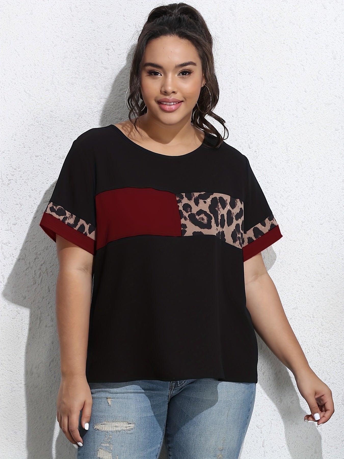  Colorblock Leopard Print Tee
