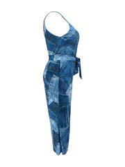  Denim Print Wide Leg Jumpsuit with Belt & Pockets