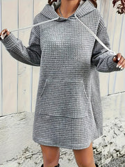  Waffle Long Sleeve Hooded Sweatshirt Dress With Pockets