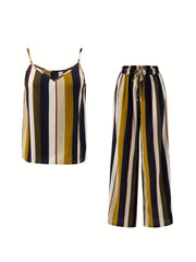 Stripe Print Two piece Set Sleeveless Cami Top & Tie waist Pants