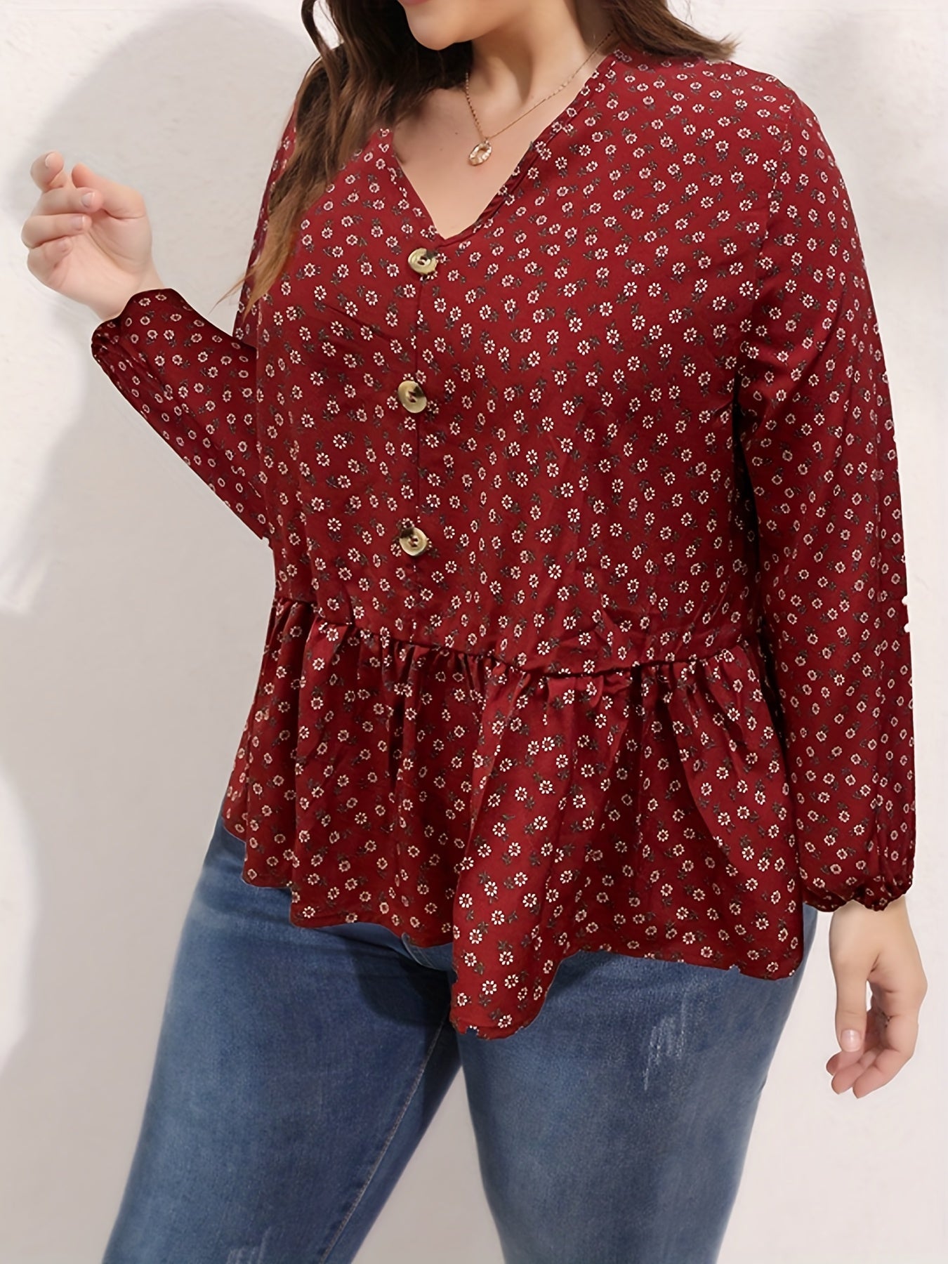  Floral Print Button Long Sleeve Blouse