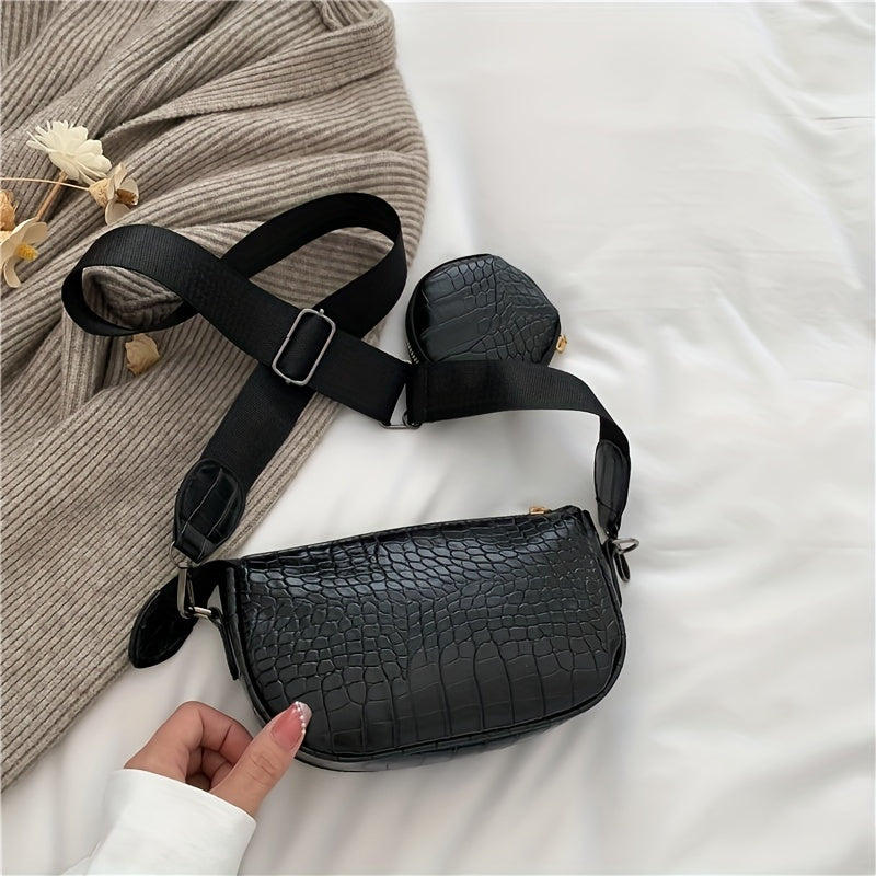 Crocodile Embossed Shoulder Bag with Coin Bag - Stylish Crossbody Bag