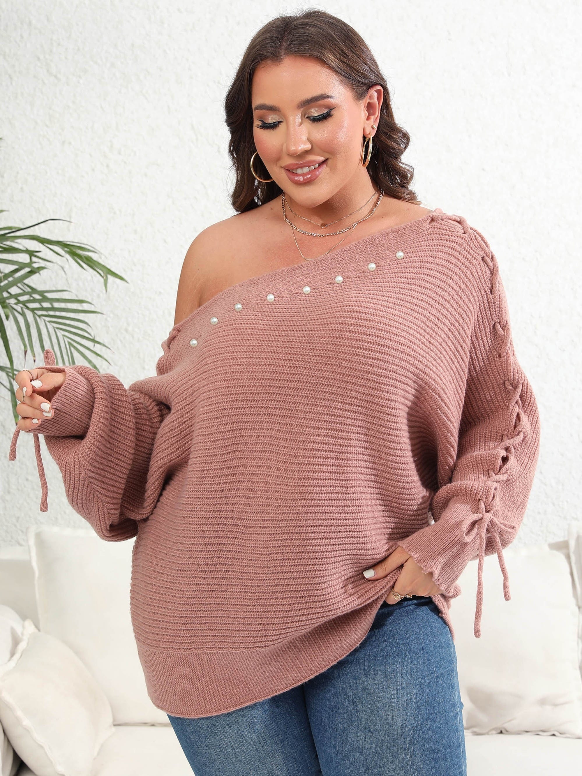  Sexy Sweater Women's Plus Faux Pearl Decor One Shoulder