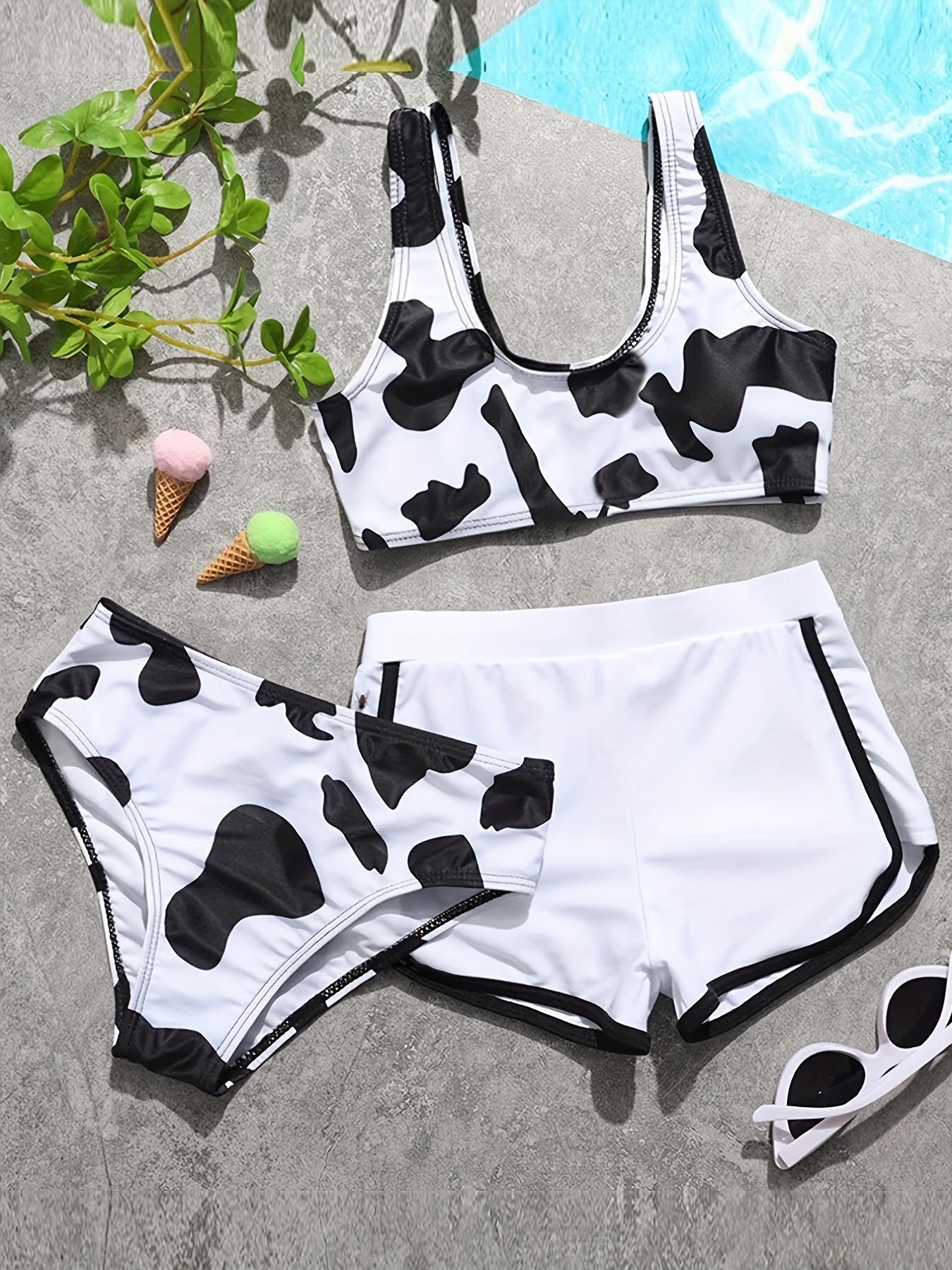 Cow Print Bikini with Shorts Set for Girls