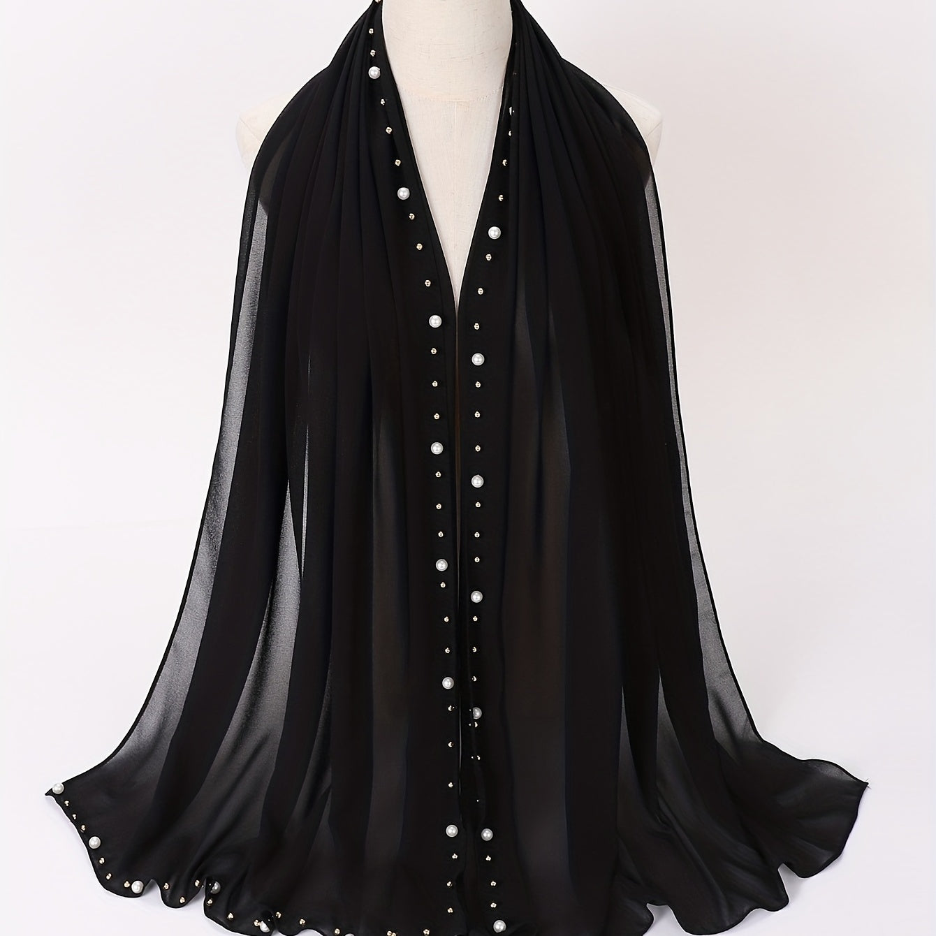 Chiffon Hijab Pearl Decor Head Wrap Casual Scarf Ramadan Turban