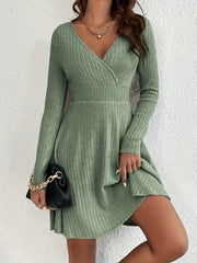  Solid Ribbed Long Sleeve Midi Dress