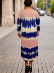  Tie Dye Long Sleeve Round Neck Stretch Dress