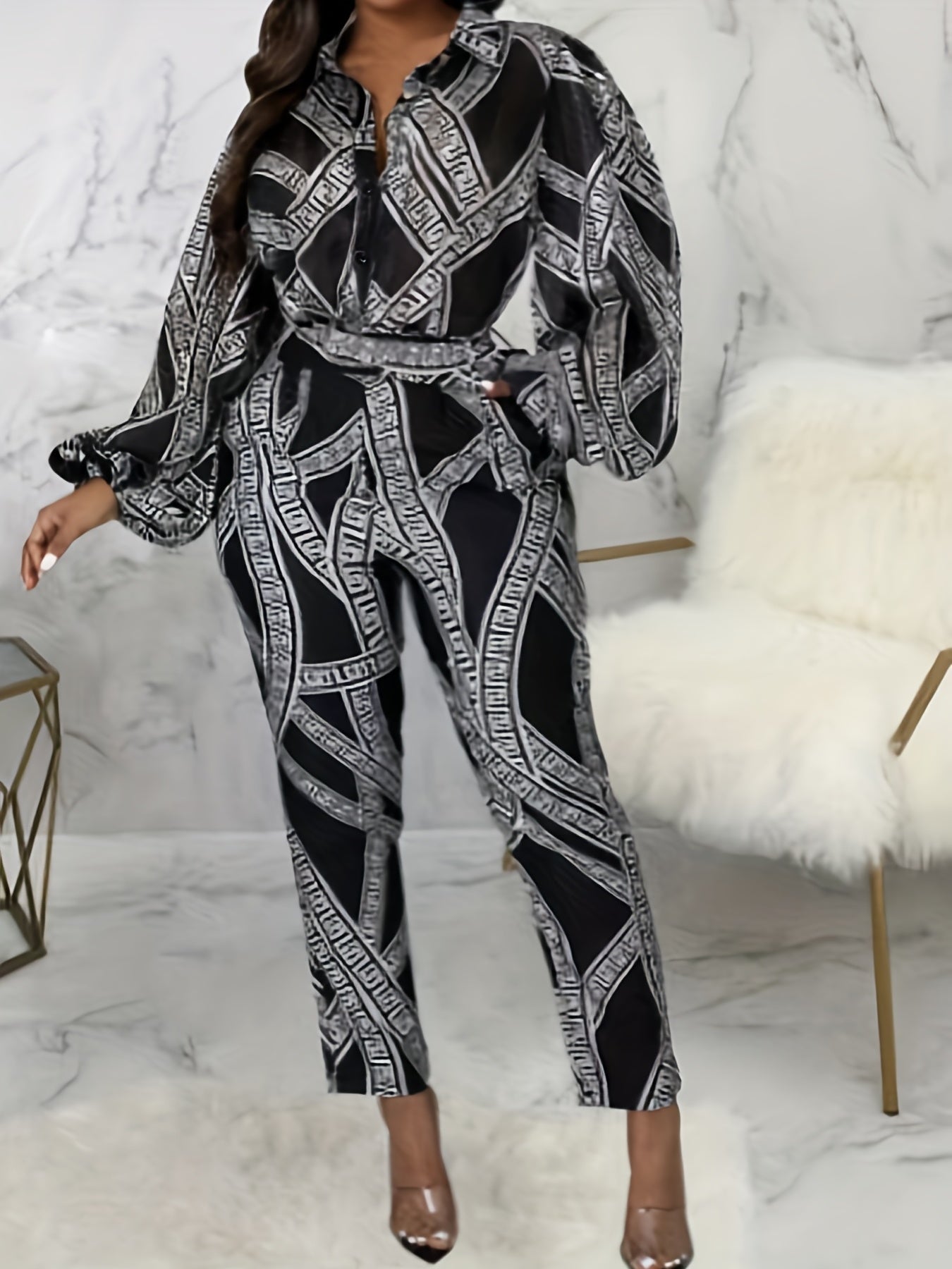  Greek Print Lantern Sleeve Jumpsuit