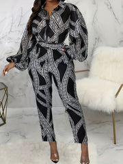  Greek Print Lantern Sleeve Jumpsuit