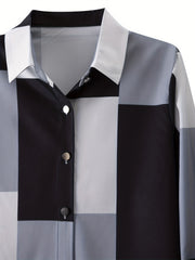  Colorblock Grid Button Up Blouse
