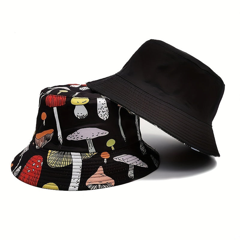Mushroom Print Reversible Bucket Hat Casual Hip Hop Basin Hat