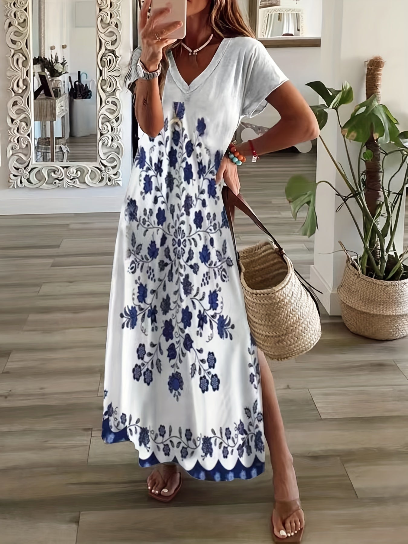 Floral Print V Neck Short Sleeve Boho Maxi Dress