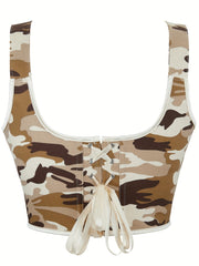 Camo Print Corset Top Sexy Squared Neck Sleeveless Top