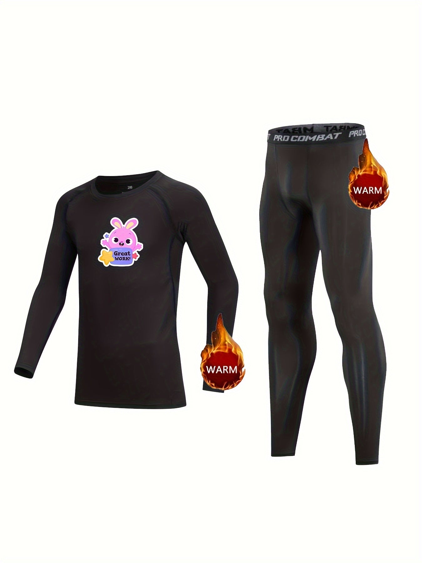 Kids Fleece Lined Compression Base Set Rabbit Print Long Sleeve Bottoming