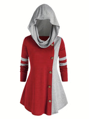  Colorblock Button Decor Hooded Knit Top