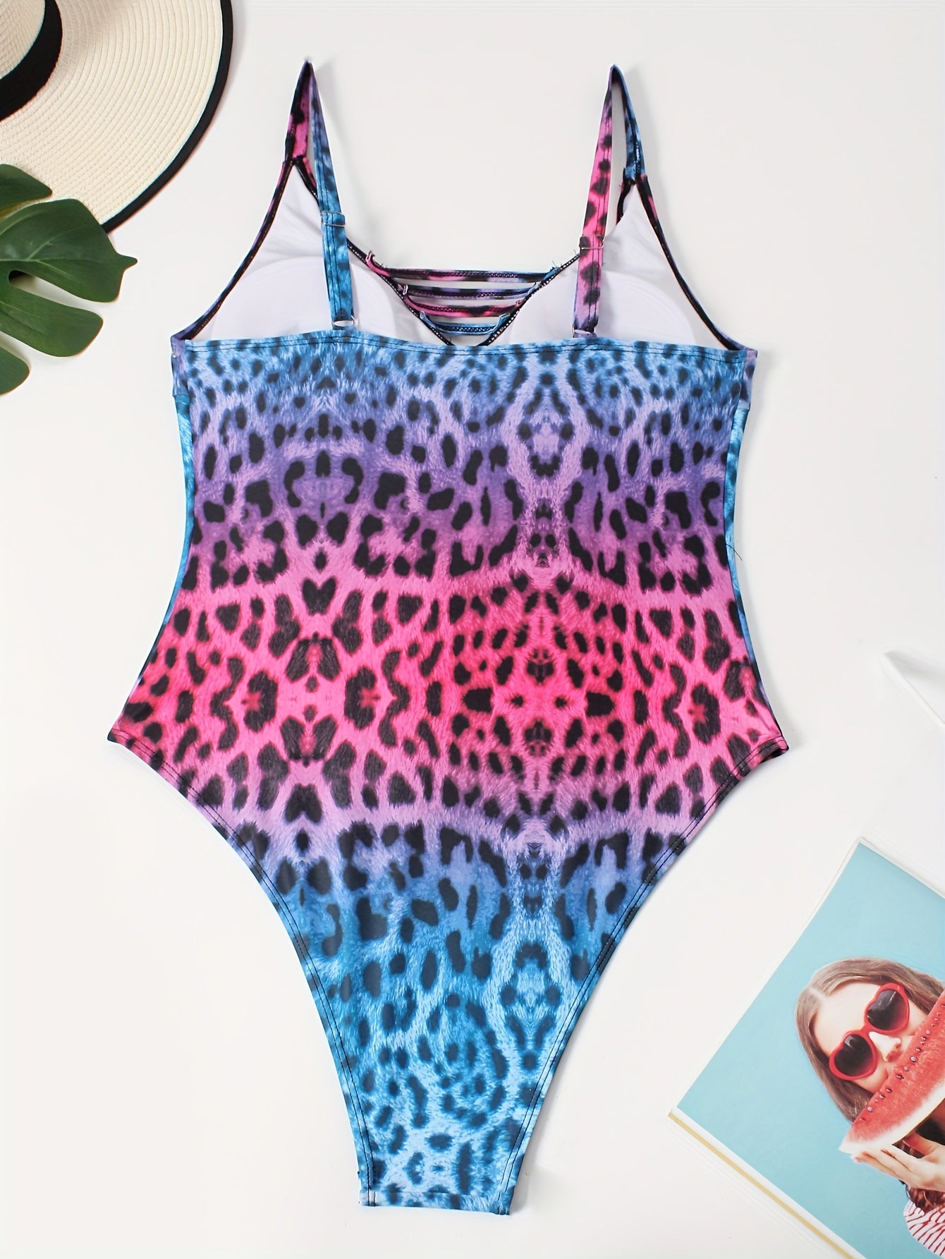  Sexy Swimsuit Ombre Leopard Print V Neck Padded One Piece