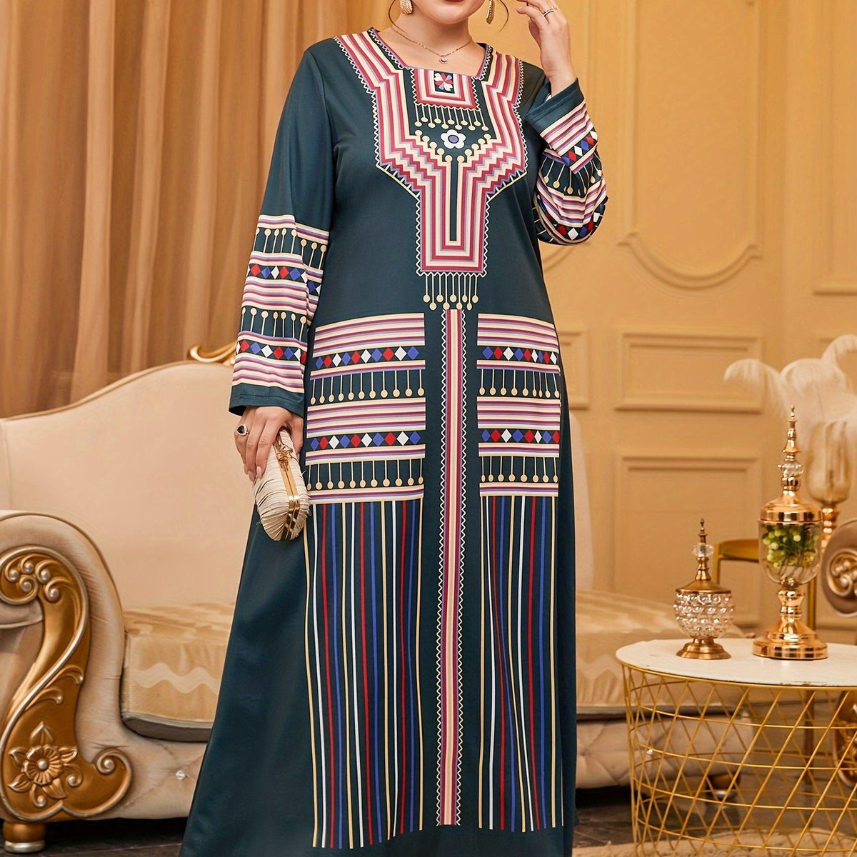  Geometric Print Abaya Dress Long Sleeve Square Neck Maxi