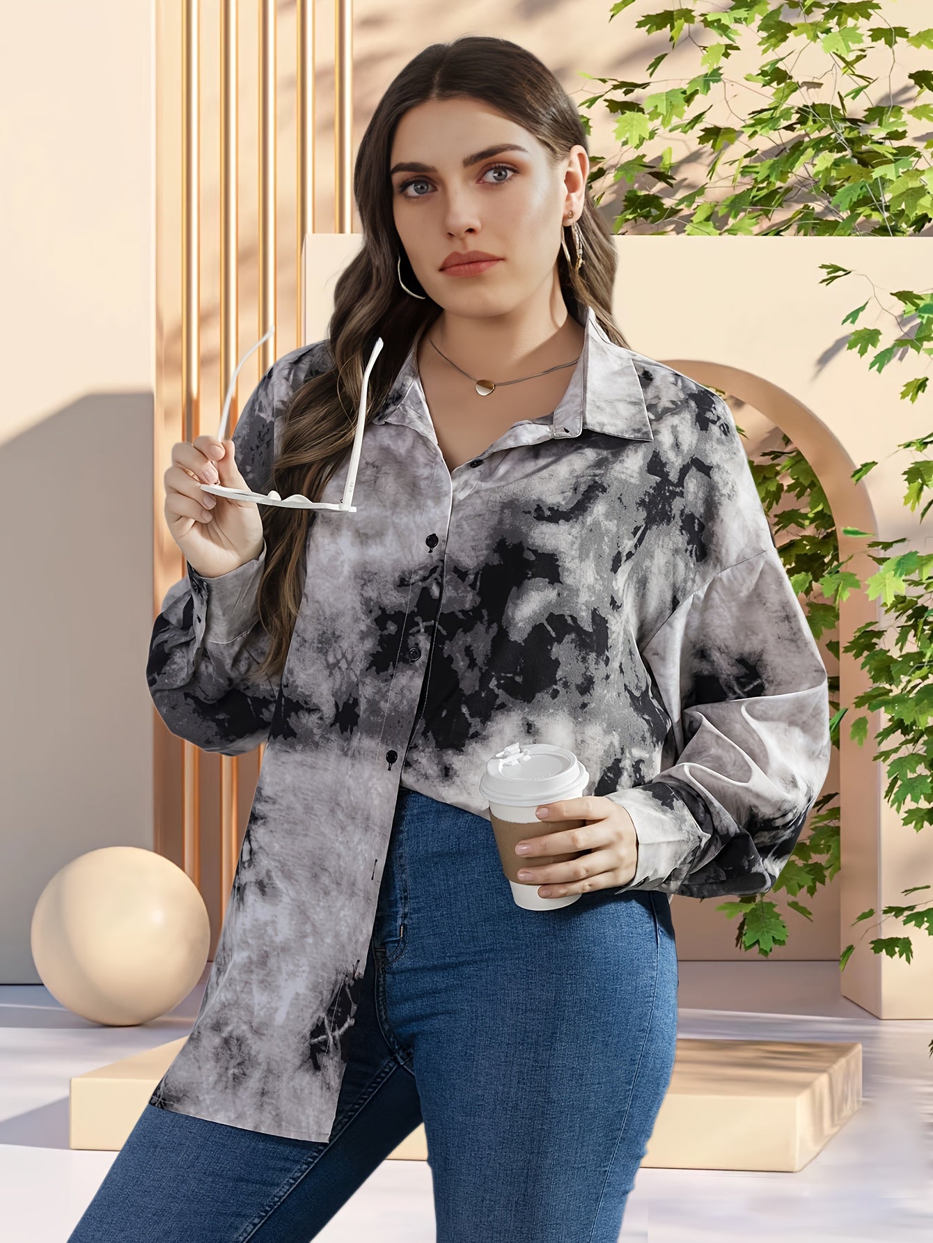 Tie Dye Button Up Lantern Sleeve Blouse