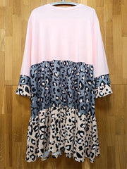  Colorblock Leopard Print Layered Sleeve Smock Dress