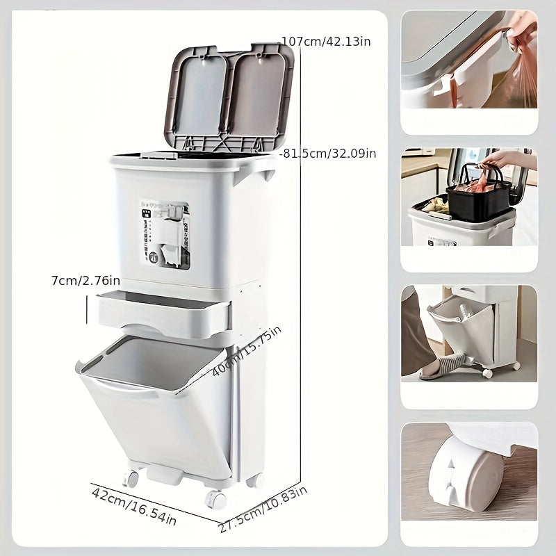 Large Capacity Trash Can with Lid, Household Rubbish Bin, Dry/Wet Separation