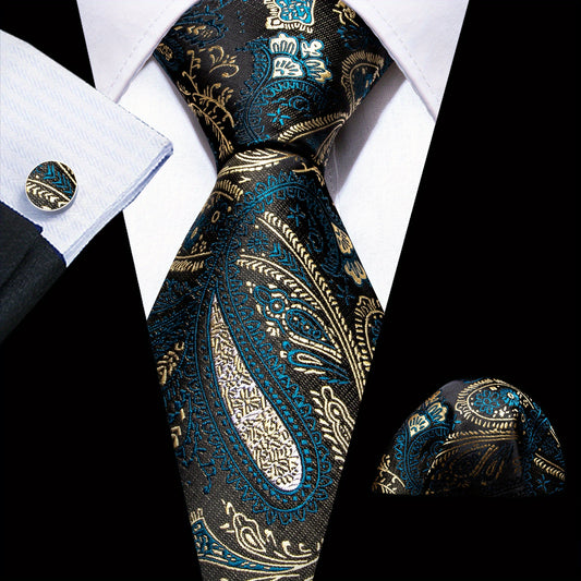 Barry Wang Classic Striped Tie For Men Silk Necktie Pocket Square Cufflinks Set