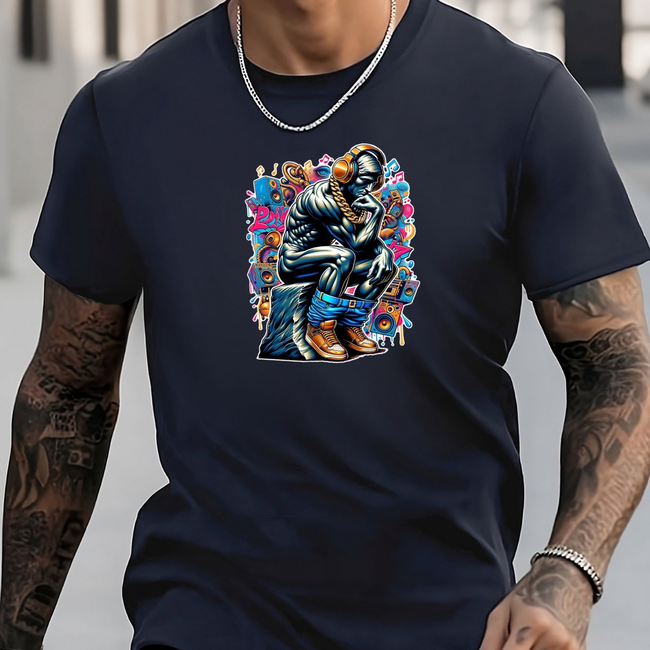 Men's Thinking Man Pattern Shirt Casual Crew Neck Short Sleeve Tee